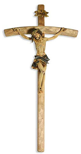 kruzifix24 Devotionalien Wandkreuz Kruzifix Holz Natur Christuskörper bunt coloriert Kunstguss & INRI Holzkreuz mit Körper 45 cm Kreuz für die Wand mit Corpus Handarbeit Unikat