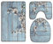 A.Monamour Badezimmer Badematte 3 Teilig Set Weiße Blumen Auf Blau Holzbohlen Boden Holz Kissen Pads Teppich Toilettenzubehör Flanell Saugfähig Badteppiche Badvorleger Badgarnitur WC Vorleger