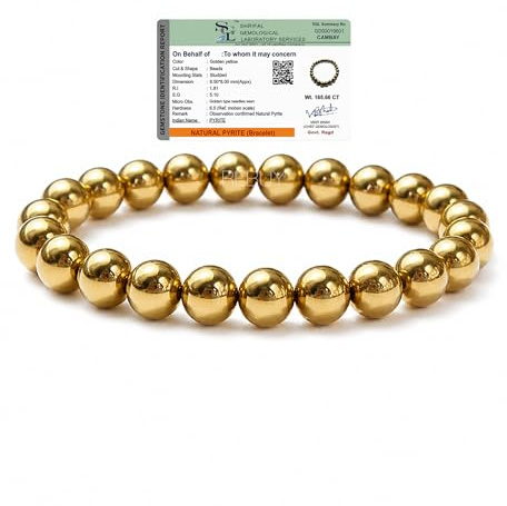 Rebuy Golden Pyrite Money Wealth Bracelet Natural Gemstone Chakra Bracelet Reiki Healing Jewelry for Men & Women, Bead Size 8 mm, Color Golden, Certified