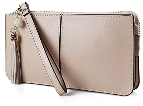 befen Handgelenktasche Damen, Echtes Leder Clutch Damen mit Kartenfächern und Handgelenkband für Weihnachten Phone 8 Plus, Beige