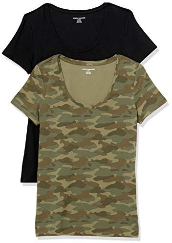 Amazon Essentials Women's Regular-Fit Short-Sleeve Scoop Neck T-Shirt (Available in Plus Size), Pack of 2, Black/Green Camo, M