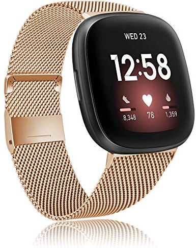 Amzpas Kompatibel mit Fitbit Versa 3 Armband/Fitbit Sense Armband, Metall Edelstahl Ersatzarmbänder mit Magnetschloss für Fitbit Versa 3/Sense (S, Roségold)