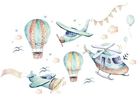 Osomhome Wandtattoo Kinderzimmer Junge & Mädchen: Flugzeuge mit Heißluftballons (100x70cm) | Wandsticker Kinderzimmer Deko | Babyzimmer Deco Wanddeko | Wandaufkleber Wandbild Kinderbilder os7930