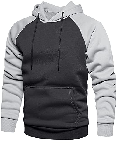 MANLUODANNI Herren Raglan Hoodie, Kapuzenpullover Men's Schlichter Vintage Pullover mit Kapuze Casual Sweatshirt Classic Farbabstimmung Männer Hoody Rundhals Dunkelgrau L