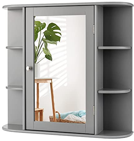 CASART Bathroom Mirror Cabinet, Wall Mounted Storage Cupboard with Single Door and Adjustable Shelves, Wooden Medicine Cabinet Display Organizer Unit for Bathroom Kitchen Living Room (Grey)