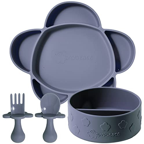 grabease Ensemble d'alimentation pour bébé - Bol en silicone, assiette en forme de nuage et ustensiles - Gris, 4 pièces
