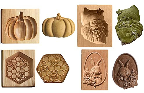Cookie Cutter Carved Wooden Mould Press Cookie Mold, Cookie Cutter Embossing Mold, Wooden Biscuit Cutter Cookie Presses Stamps DIY Halloween Thanksgiving Christmas (4 Pcs)