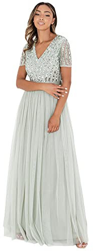 Maya Deluxe Women's Maxi Dress Ladies Bridesmaid V-Neck Ball Gown Short Sleeves Long Elegant Empire Waist Wedding, Green Lily, 26
