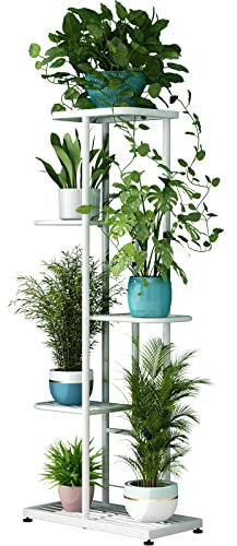 Linzinar Pflanzenständer für drinnen und draußen, Metall, 5 Etagen, für 6 Blumentöpfe, Halter für mehrere Blumentöpfe, Regal, Ausstellungsregal für Terrasse, Garten, Ecke, Balkon, Wohnzimmer, weiß