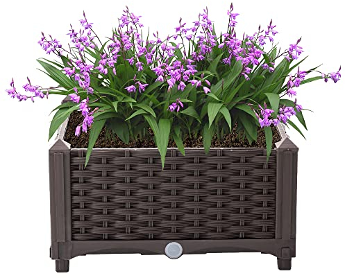 Mingone Blumenkübel Rattan Optik Blumenkasten mit Rankgitter Hochbeet mit Spalier Rankkasten mit Selbstbewässerung für Gärten Hof Balkon(braun 40x40x23cm)