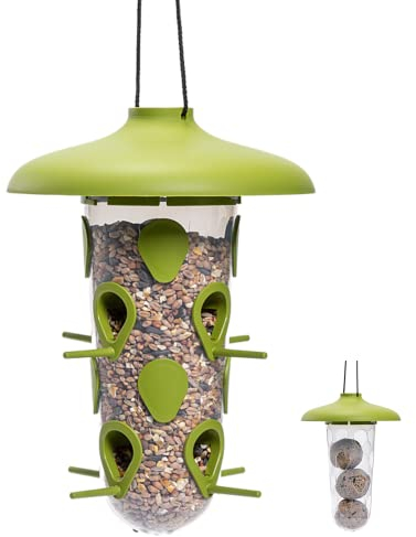 Vogelfutterhaus zum Aufhängen für Wildvögel - Vogelfutterspender 2-in-1 Set für Futtersilo und als Meisenknödelhalter - Wetterfestes Vogelhaus aus recyceltem Kunststoff - Futtersäule Vögel Grün
