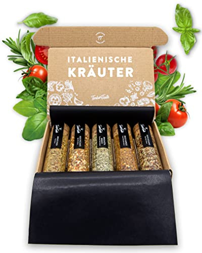 TIMBER TASTE® 5 Italienische Gewürze Geschenkset - Italienische Kräuter Gewürze Set als besonderes Geschenk für Erwachsene Frauen & Männer - Pasta & Pizza Geschenkset zum Kochen - Geschenke für Paare