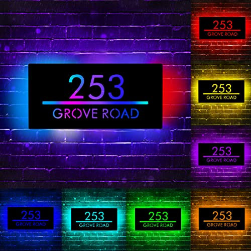 Personalized Led House Numbers Address Neon Sign for Outside Custom Door Street Name Sign 7 Color Changing Light Up Address Number Horizontal Plaque Illuminated Modern Led House Sign (Black 3)
