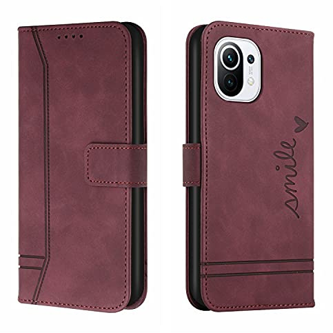 Bravoday Hülle für Xiaomi Mi 11, PU Ledertasche Handyhülle Flip Schutzhülle Kompatibel mit Xiaomi Mi 11, mit Kartenfäch & Kickstand, Weinrot