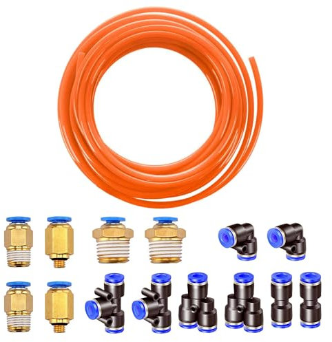 HUAZIZ 8mm OD 5mm ID Aria Pneumatica PU Tubo, 10 Meter Tubo per Aria Poliuretano Orange +14 Pcs Nero Pneumatico Connettore Raccordo per Tubo dell'aria Raccordi a Innesto Rapido a Innesto