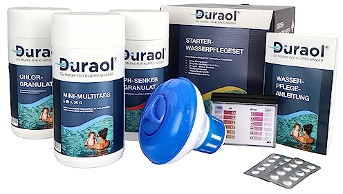 Duraol Wasserpflege Starter Set I Pool-Zubehör-Set für Anfänger I Pool Chlor Starterset für Einsteiger I Mini-Multitabs, Dosierschwimmer, Pooltester, pH-Senker, Chlorgranulat & Anleitung