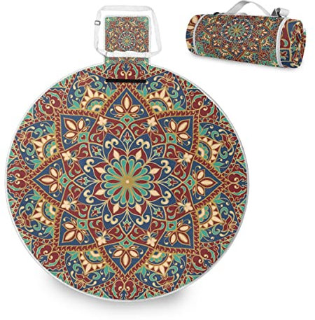 ALAZA Runde wasserdichte Picknickdecke, helle Farbe, Mandala, tragbar, faltbar, für drinnen und draußen, Matte für Reisen, Wandern, Camping, Park, 148 cm