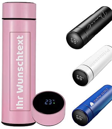 Gravierte Personalisierte Thermoskanne mit Temperaturanzeige 500ml Trinkflasche, Thermobecher-flasche in einem, aus Edelstahl für unterwegs für Kaffee und Tee, schule, uni, thermoflasche
