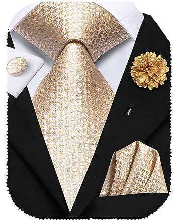 Hi-Tie Seidenkrawatten für Herren, 4 Stück Herrenkrawatten und Blumen-Anstecknadel, Einstecktücher und Manschettenknöpfe, Designer-Krawatten, Dunkelgold, geometrisch, M