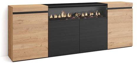 Skraut Home | Sideboard, Highboard | Kommode, Komodenschrank | 200x75x35cm | 4 Türen | Elektrokamin. Maße | Moderner Stil | Eiche Schwarz
