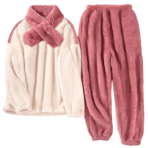 Tuopuda Pigiama Donna Invernale Pigiami Due Pezzi, Pigiama Pile da Casa con Sciarpe Tasche Felpa Manica Lunga e Pantalone Lungo, Indumenti da Notte Sleepwear, Rosa, XXL