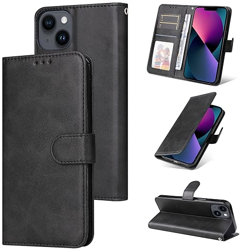 E-Lush Coque pour iPhone 13 Cuir PU, Portefeuille Etui pour iPhone 13 Coque Magnétique Flip Case avec Fonction Support Fente Carte Housse 360 Degrés Antichoc Protection, Noir