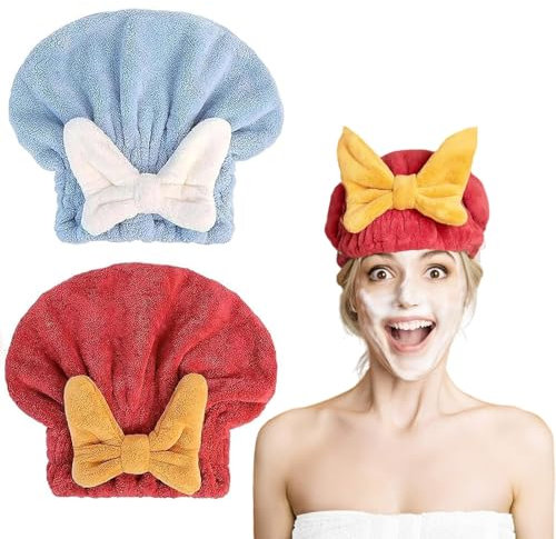Tyrzol 2Pcs Hair Microfibe Hair Drying Caps Rapid Hair Towel Wrap Super Absorbent Hair Towel Wrap for Wet Hair Drying Towel Quick Dry Head wrap with Bow-Knot Shower Cap (Blue+Wine Red)