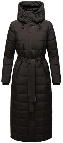 Navahoo Damen Wintermantel Warmer Steppmantel lang mit Kapuze und Taillengürtel Das Teil XIV Black Gr. XL