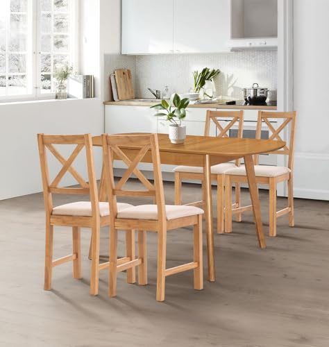 Hallowood Furniture Aston Oval Butterfly Extendable Table and Chairs Set 4 | Light Oak Butterfly Leaf Table and Wooden Kitchen Chairs Set of 4 in Cross Back and Beige Seat Pads, 7 Piece Dining Room Set