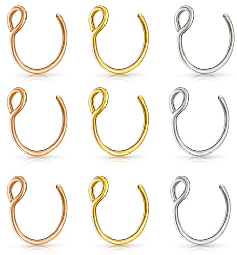 9 Stück Fake Nasenpiercing Ring Attrappe Gefälschter Fake Septum Hoop Edelstahl Fake Nasenring Piercing für Künstliche Lippen Septum Nasenring Fakes Set Nicht Perforierter Lippenring Fake Nose Ring