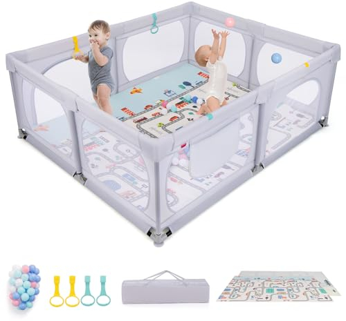 DREAMADE Laufstall Baby, 189 x 158 cm Laufgitter mit Matratze & 4 Zugringen & 50 Ocean Bällen & Tragetasche, Großes Schutzgitter für Baby & Kleinkinder 0-3 Jahren (mit Matratze,Hellgrau)