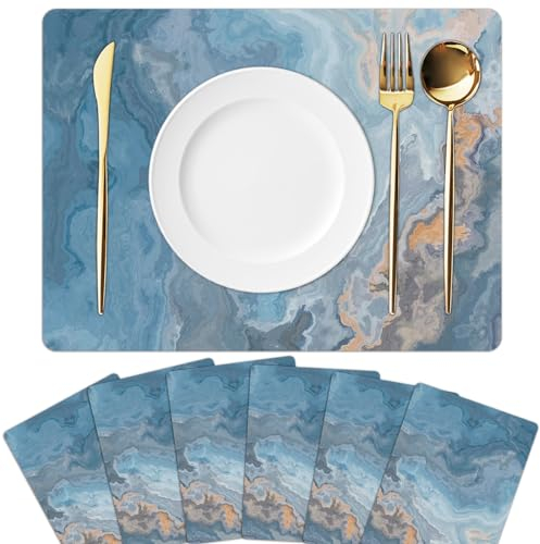 Marble Placemats Set of 6 Blue Marbles Plastic Table Mats Marble Theme Place Mats Wipe Clean Washable Holiday Table Decoration for Indoor Outdoor Party Kitchen Dining