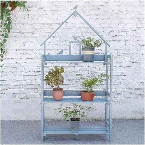 Pflanzenregale mit 3 Ebenen, Garten-Blumenbank, Tisch, Garten, Terrasse, Aufbewahrungsschrank, Arbeitsplatz, Schuppen mit Tischplatte (Farbe: Blau)