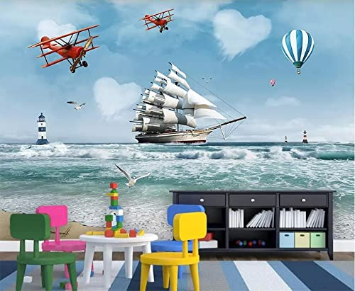 CILODO 3D Photo Wallpaper Mural Sailboats & Planes Home Decoration Living Room 3D Wall Mural Wallpaper 350cm×256cm
