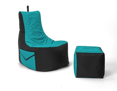 Nadimaideal Gaming Sitzsack XXL mit Hocker für Kinder, Teenager & Erwachsene | Indoor & Outdoor | Bodenkissen - Sessel - Beanbag bereits gefüllt | Füllung EPS Perlen (Türkis, Zweifarbig)