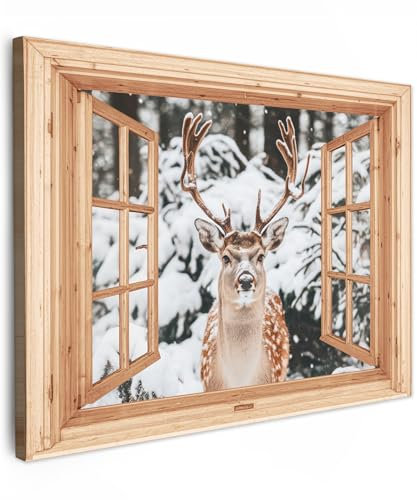 MuchoWow© Leinwand Bilder 80x60 cm Wanddeko Wohnzimmer Aesthetic Room Decor Deko Zimmer Wandbilder Modern Bild auf Leinwand Fensterblick - Hirsch - Schnee - Winter - Wald - Tiere