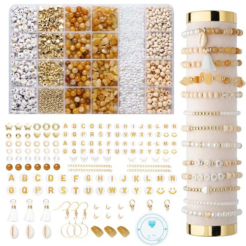Natürliche Amazonit perlen für armbänder Edelstein Perlen Perlen Set Zum Auffädeln Kit Perlenset Beads für DIY armbänder selber machen Schmuck Halskette Ohrringe Kette für Kinder Erwachsene(Yellow)