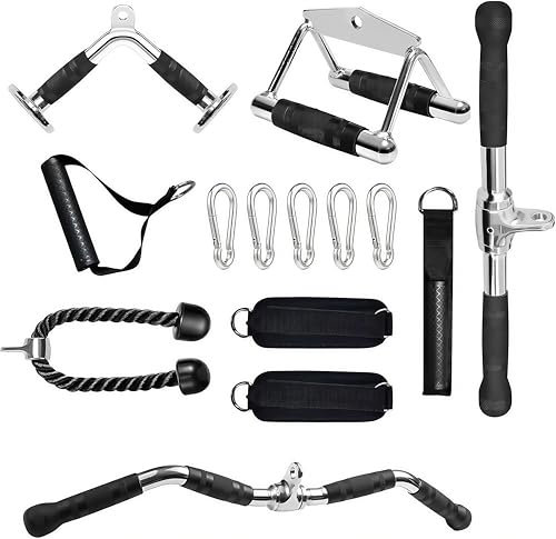 WUDLEP 10Pcs Cable Machine Attachments, LAT Pull Down Accessories for Home Gym, Weight Cable Pulley System, Tricep Workout LAT Pulldown Bar Equipment for Home Gym, Silver