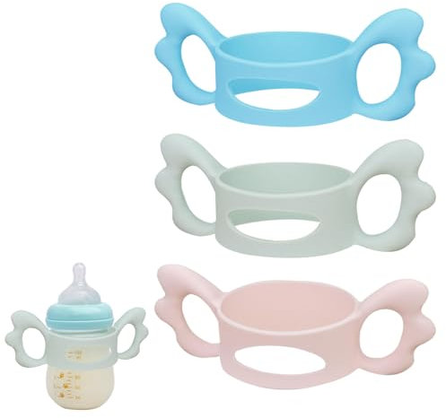 3 Pcs Baby Bottle Holder,Silicone Wide-Neck Baby Bottle Handle, Bottle Grip Handle Suitable for Baby Bottles with an Outside Diameter Above 5cm for Baby Self Feeding(Blue+Pink+Green)