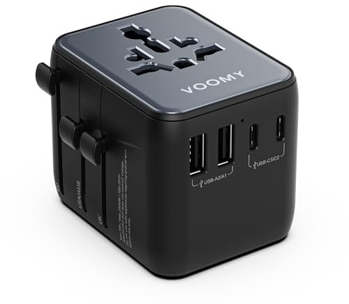Voomy Adaptador de Viaje Universal - Adaptador Enchufe Universal Para 170+ Países, 3 USB-C 28W + 2 USB-A | adaptador enchufe tipo A C G I, Con protección Contra Sobretensión y Material Ignífugo - Y628