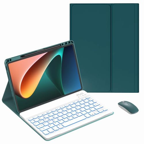 JZCZMCE Custodia con Tastiera per Xiaomi Mi Pad 5/5 PRO 11 Pollici 2021, 7 Colori Retroilluminati, Portamatite Incorporato, Tastiera Magnetica Staccabile Senza Fili con Mouse Bluetooth,Green 1