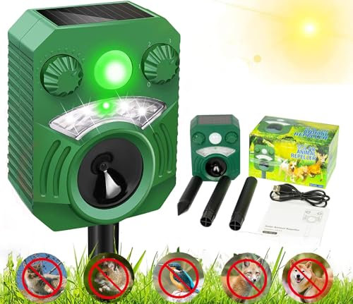 Joomouney Cat Repellent, Cat Repellent Deterrent for Gardens UK, Animal Scarer Ultrasonic Deterrent with PIR Sensor & Flash 5 Adjustment Modes, IPX4 Waterproof Solar USB Charging for Dog Fox Bird