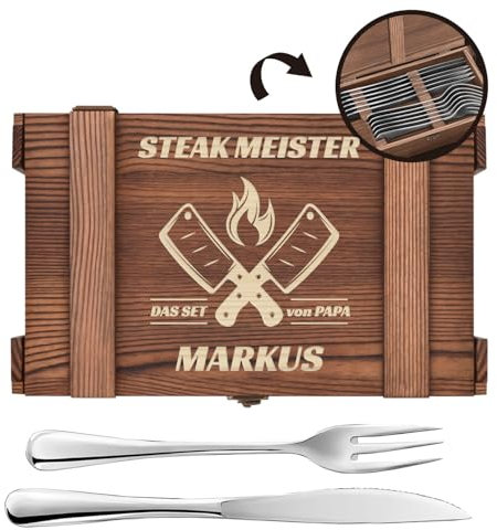 Maverton Steakbesteck 12-teilig - 6 Steakmesser und 6 Steakgabel - Edelstahl Grillbesteck in Holzkiste - personalisierte Geschenke für Männer - Besteck Set für 6 Personen