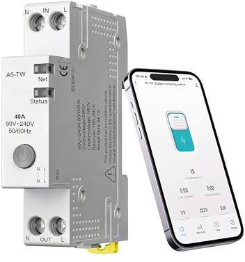 Minuterie intelligente rail chapeau 1P+N Disjoncteur automatique 40 A Disjoncteur WiFi Fusible compatible Alexa/Google Home/Smart Life/Tuya App Disjoncteur miniature