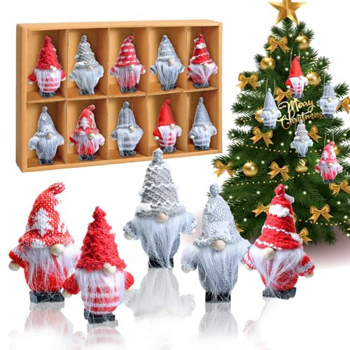 Weihnachtswichtel aus Holz 10-teiliges Set in Geschenkbox, 9 cm Bunt Weihnachtsmann Weihnachtsanhänger, Holz und Strick Weihnachtsgnom Set für den Weihnachtsbaum, Weihnachtsschmuck oder Geschenk