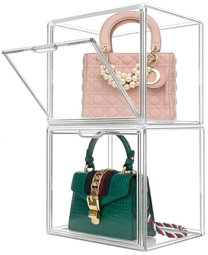 2 Pack Transparente Stapelbare Aufbewahrungsschubladen mit Magnetischer Tür | Kunststoff-Handtaschen-Aufbewahrungs-Organizer, Handtaschen-Organizer für Schrank, Spielzeug-Organisation und Ausstellung XL