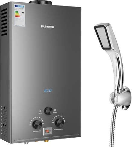 Fulgutonit 18L Chauffe-Eau à Gaz,36Kw Chauffe-Eau Butane Propane avec Pomme de Douche et Affichage Digital, Allumage de la Batterie,0.25 Bar Pression d'Eau Démarrage,pour Maison,Cabine