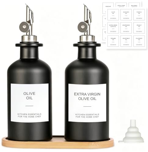 VINATO 2 Pièces Bouteille Huile Olive 500ml, Entonnoir1, Étiquettes18, Support en Bambou 1,Huilier En Verre Avec Bec Verseur Huile D'olive Pour Cuisine, Café Et Bar