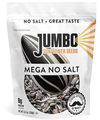 JUMBO Sunflower Seeds to Eat, Mega No Salt, 5.5 oz Bags (12 Pack) - Unsalted Roasted In-Shell Seeds, Low Sodium Snack, Resealable Cupholder Bag