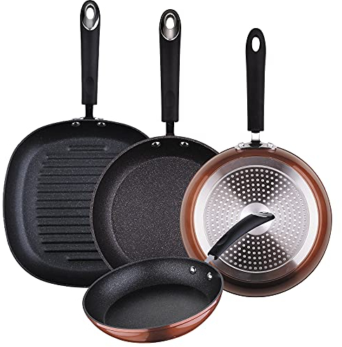 San Ignacio SIP-Ø20/24/28 + Grill Set de Sartenes, Mango Revestido con Silicona Atérmica, Aluminio Forjado, Cobre, 28 cm